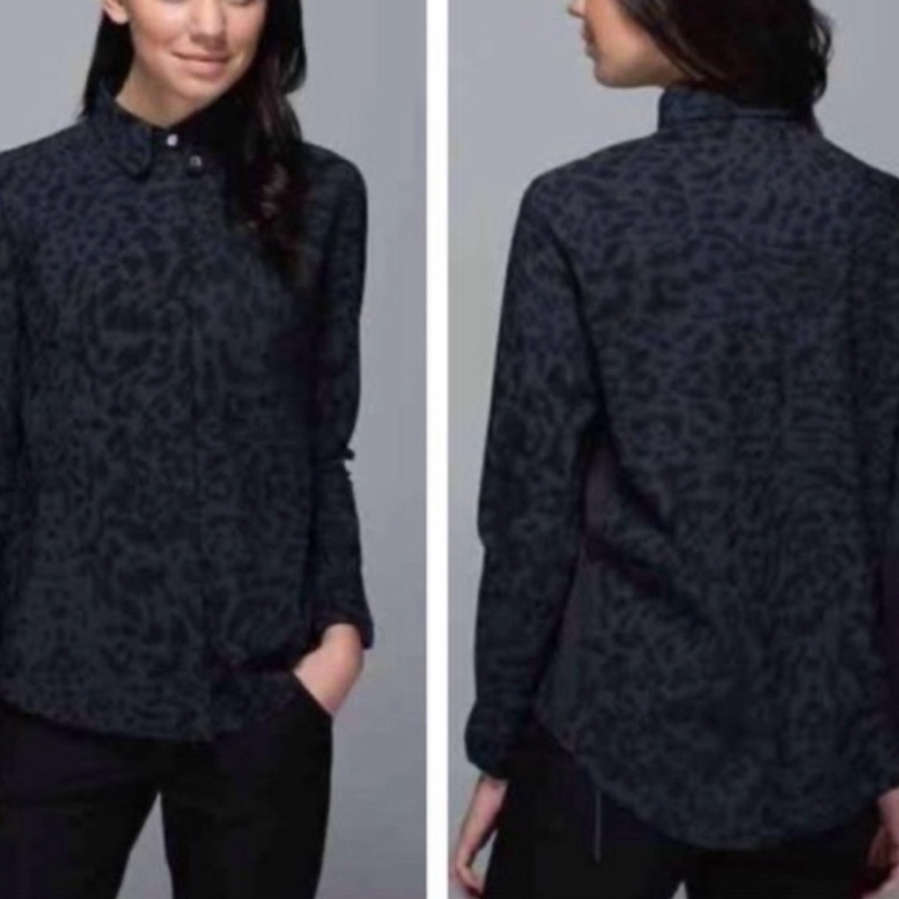 Lululemon Day Trip Blouse Black Gray Leopard Button Up Size 8